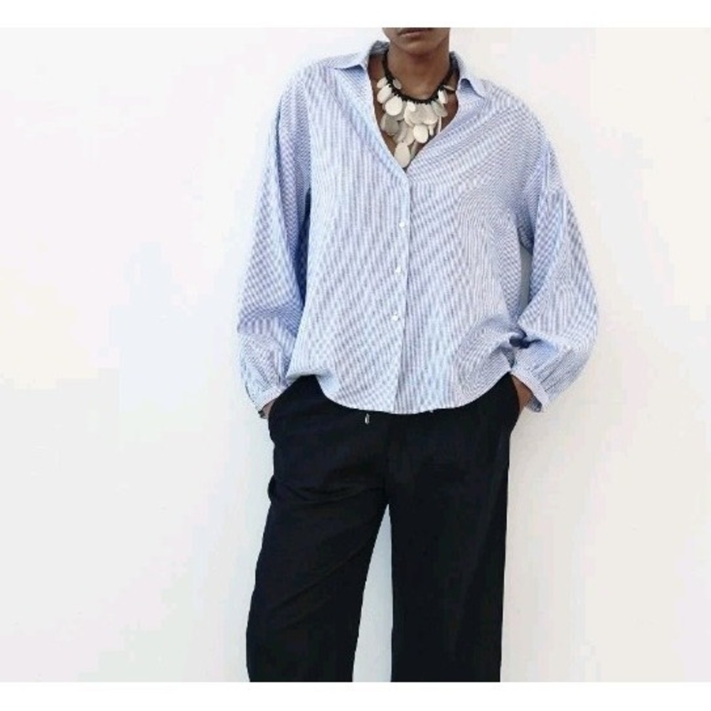 Zara Striped Long-Sleeve Linen Blend Shirt Blue Size XL NWOT